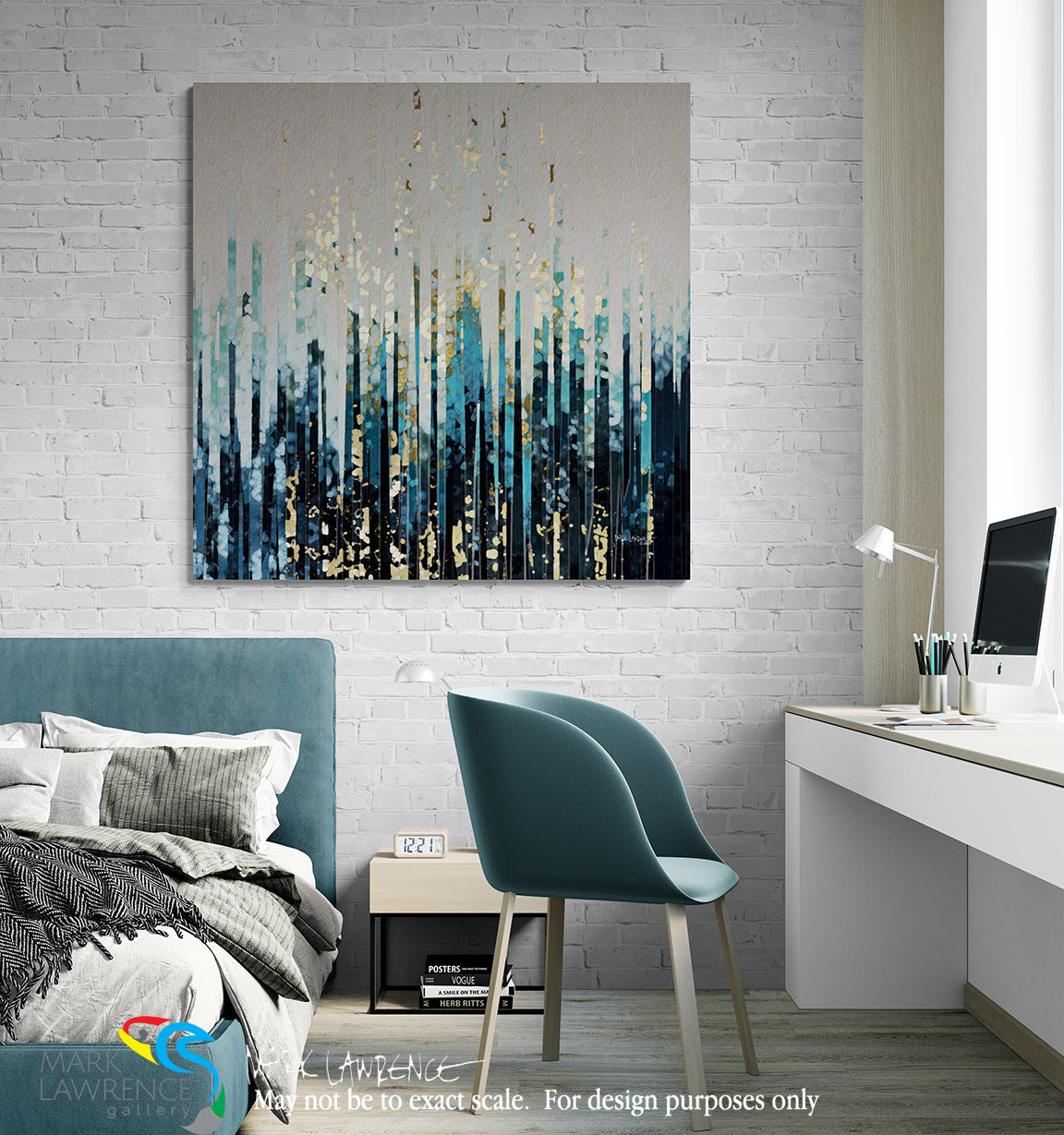 Modern bedroom with abstract painting on a white brick wall