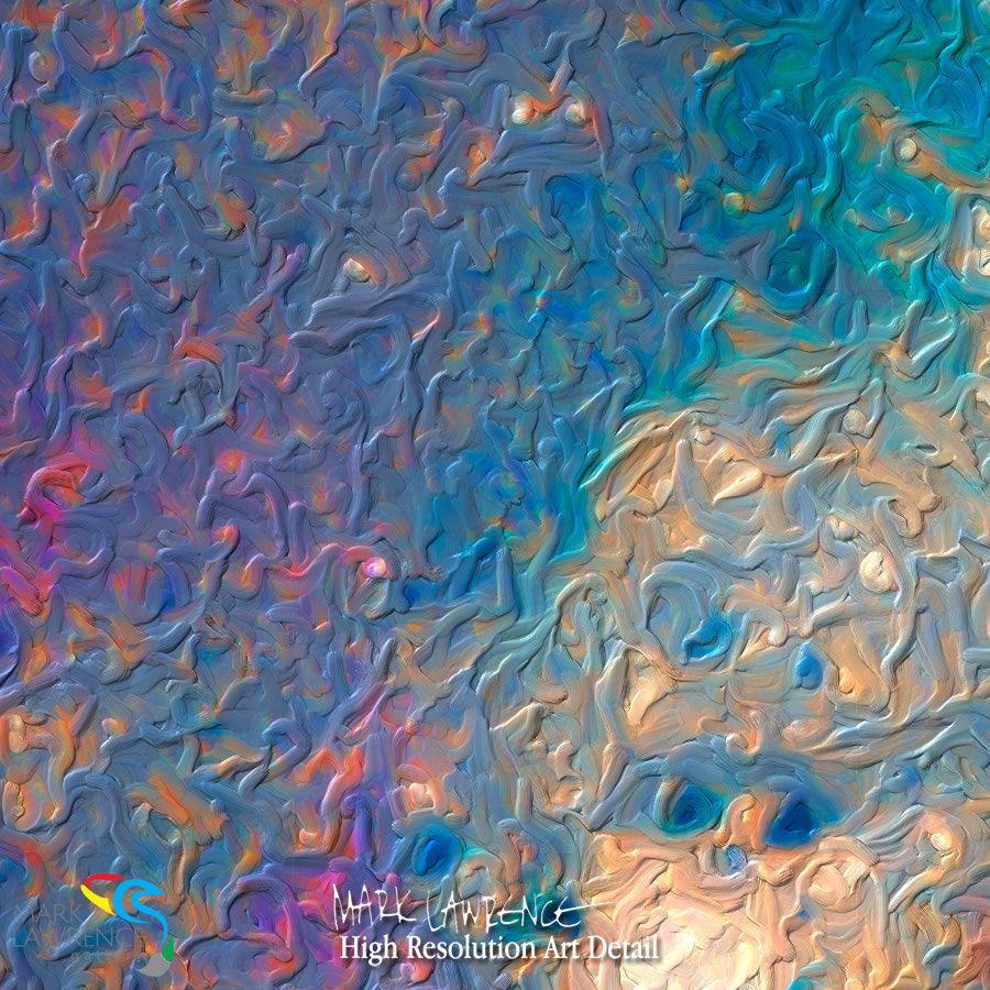 Painting Detail- 1 Corinthians 14:33. Spirit Of Peace. Limited Edition Christian Modern Art. Ultra-hand embellished and textured with rich brush strokes by the artist. Signed & numbered brightly colored Christian abstract art. For God is not the author of confusion but of peace, as in all the churches of the saints.