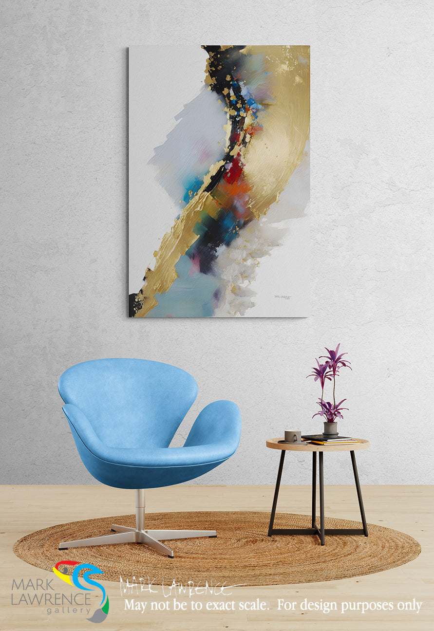 Modern interior with a blue chair, small table, and abstract painting on a gray wall.