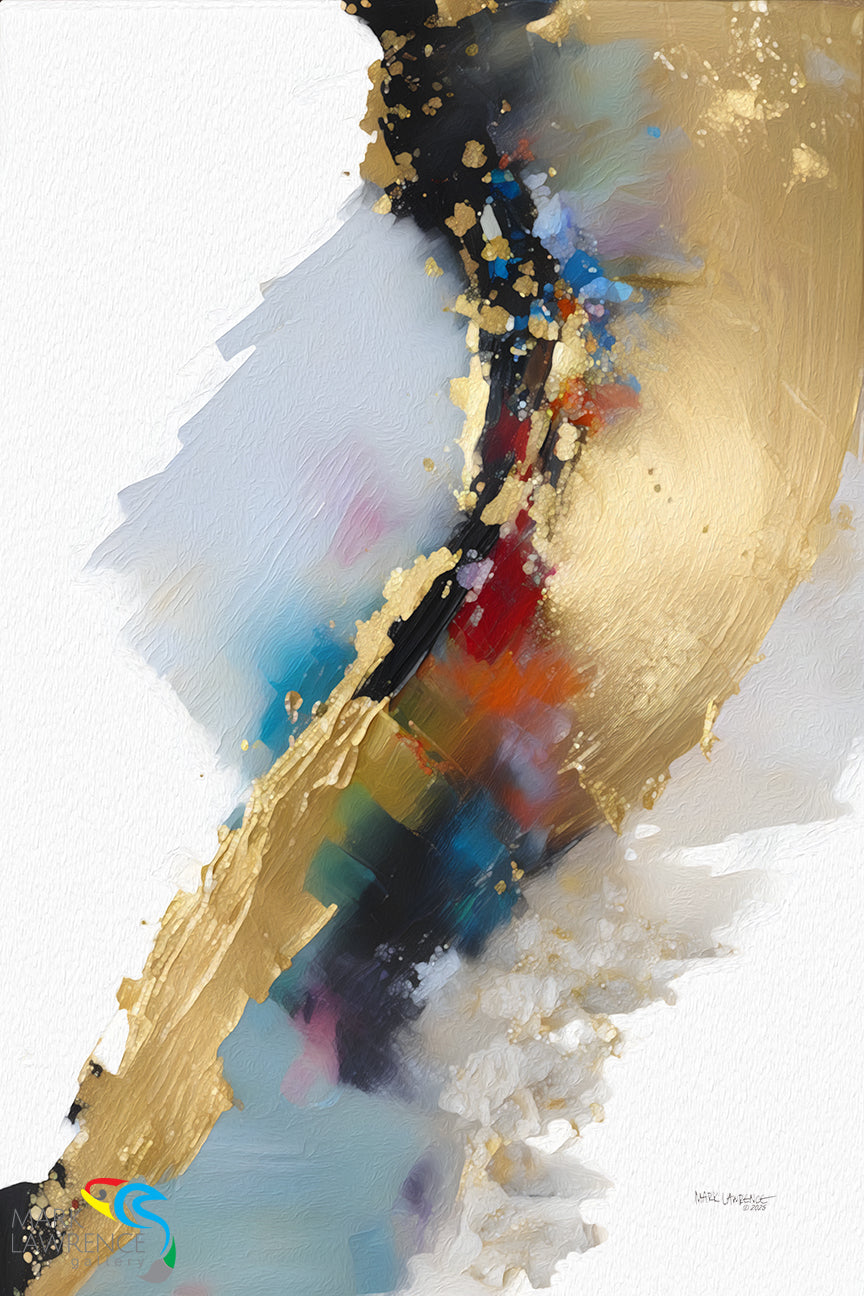 Abstract art piece with gold, black, and multicolor strokes on a white background