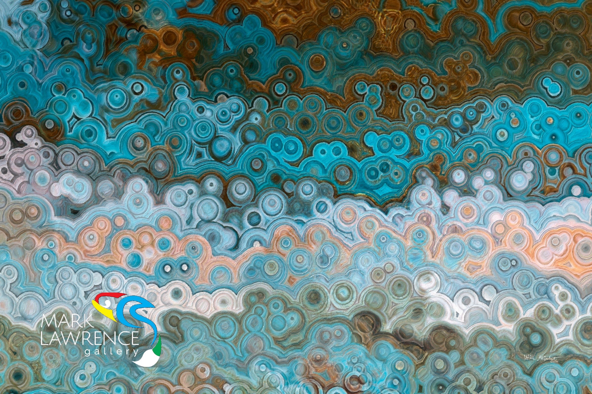 Romans 8:28 Working Together For Good scripture wall art, abstract teal and gold rings by Mark Lawrence