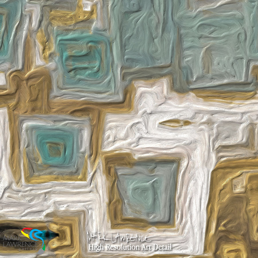 Abstract art with geometric shapes in gold, blue, and gray.