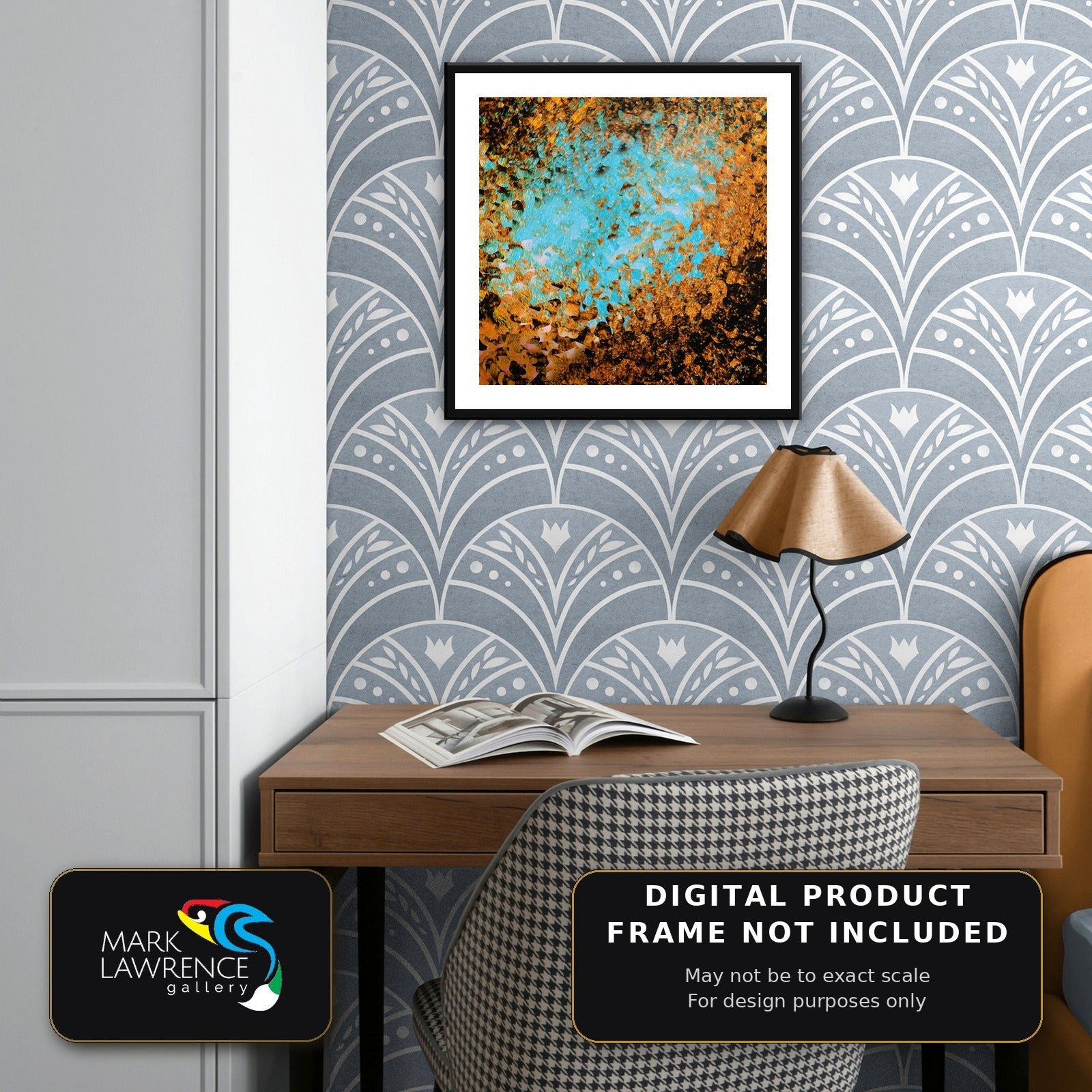 Isaiah 40:31 On Eagle's Wings printable wall art above a bedroom desk, turquoise and copper abstract scripture print