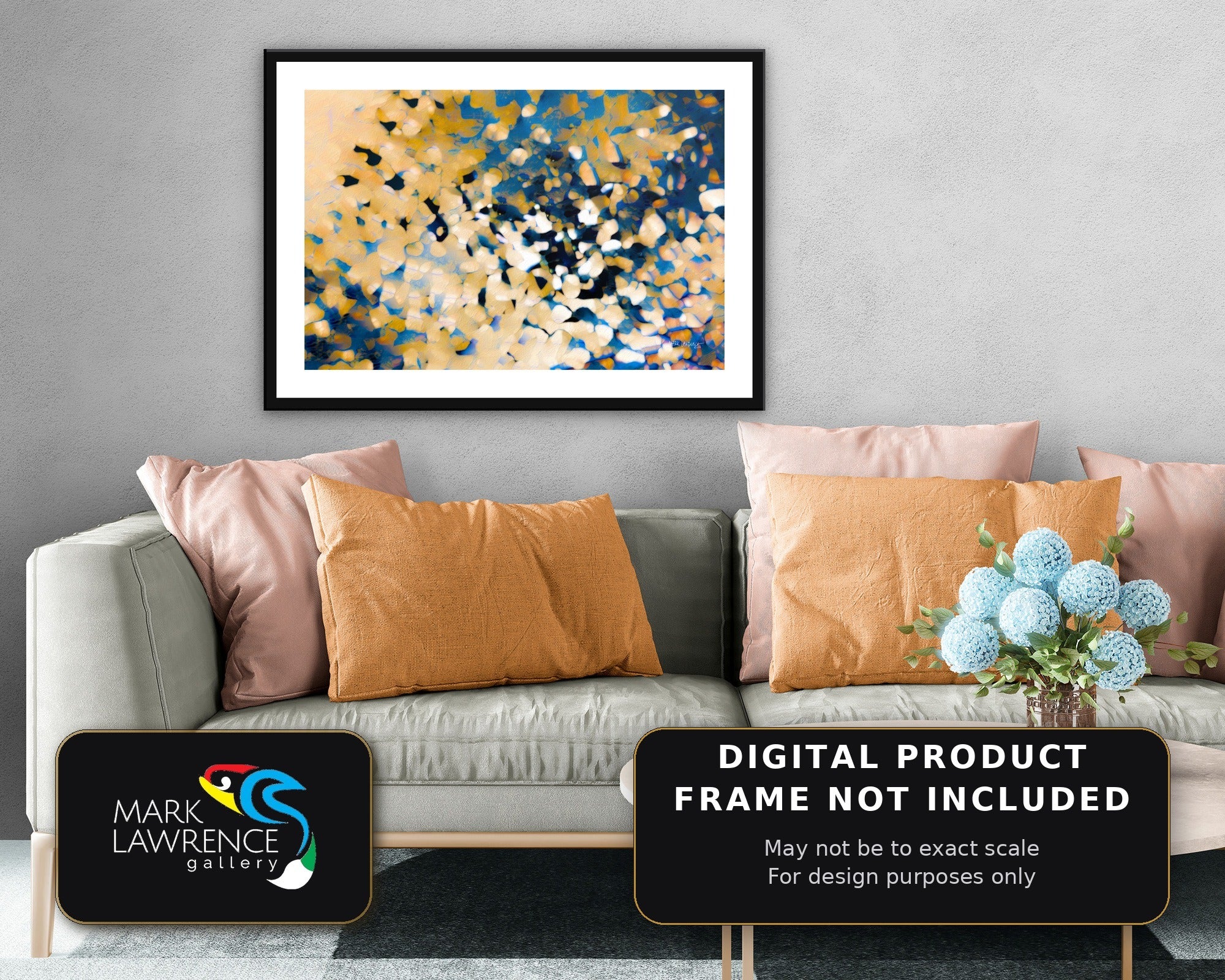 Isaiah 40:31 printable wall art above a sofa, gold and blue abstract scripture painting in a bright living room