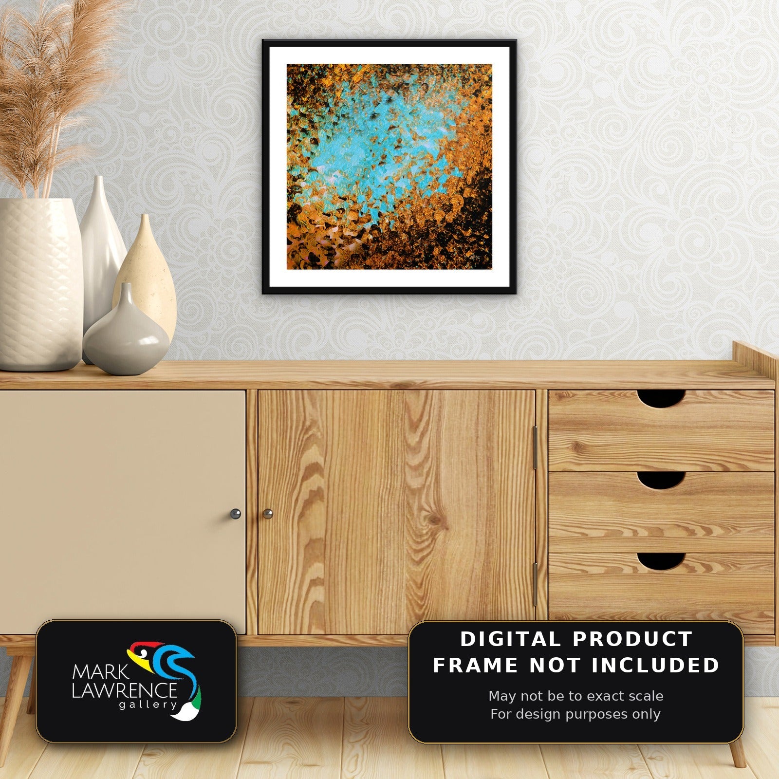 Isaiah 40:31 printable wall art above a mid-century cabinet, turquoise and copper abstract scripture painting by Mark Lawrence