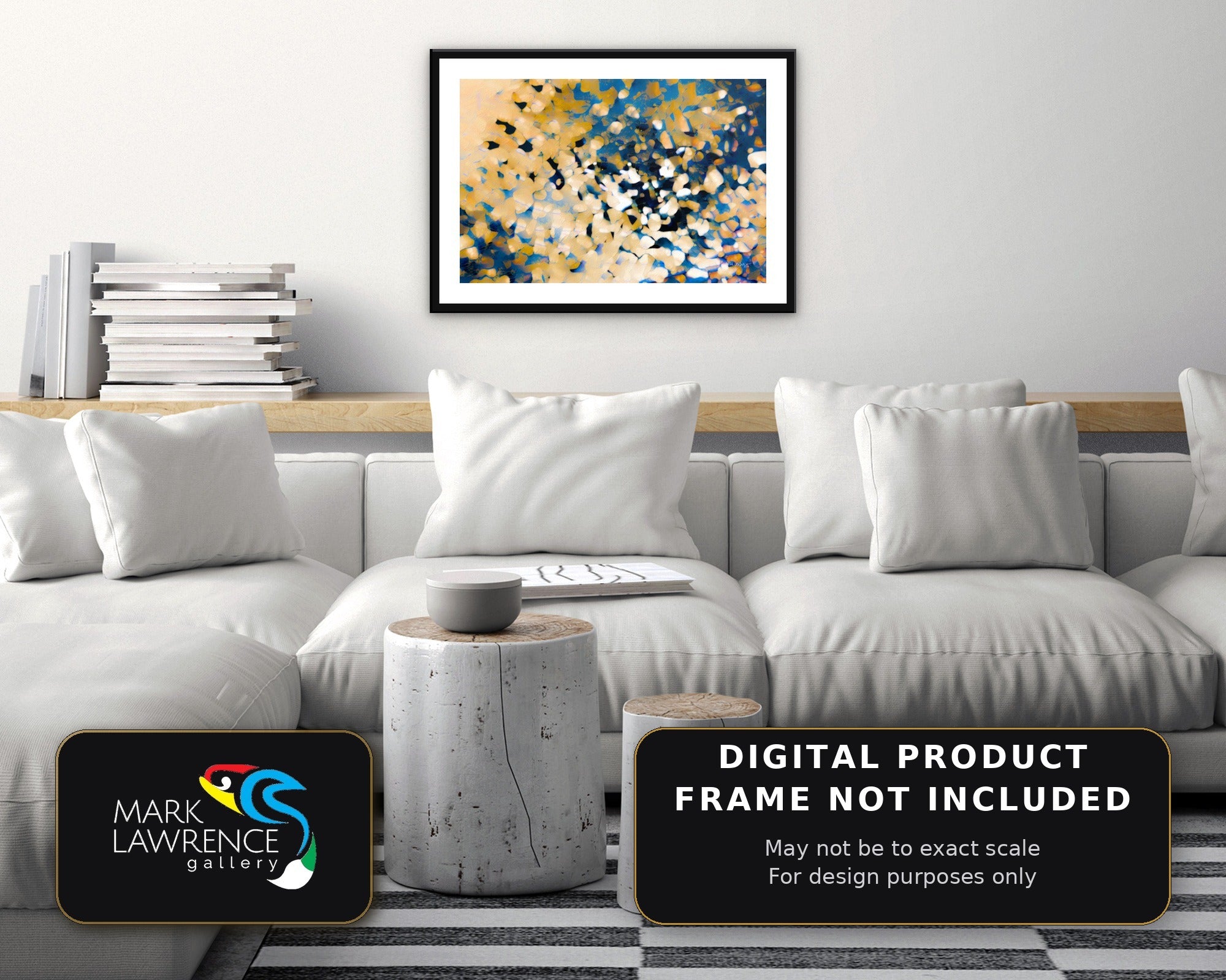Isaiah 40:31 Wait Upon The Lord art above a sectional sofa, gold and blue abstract scripture print