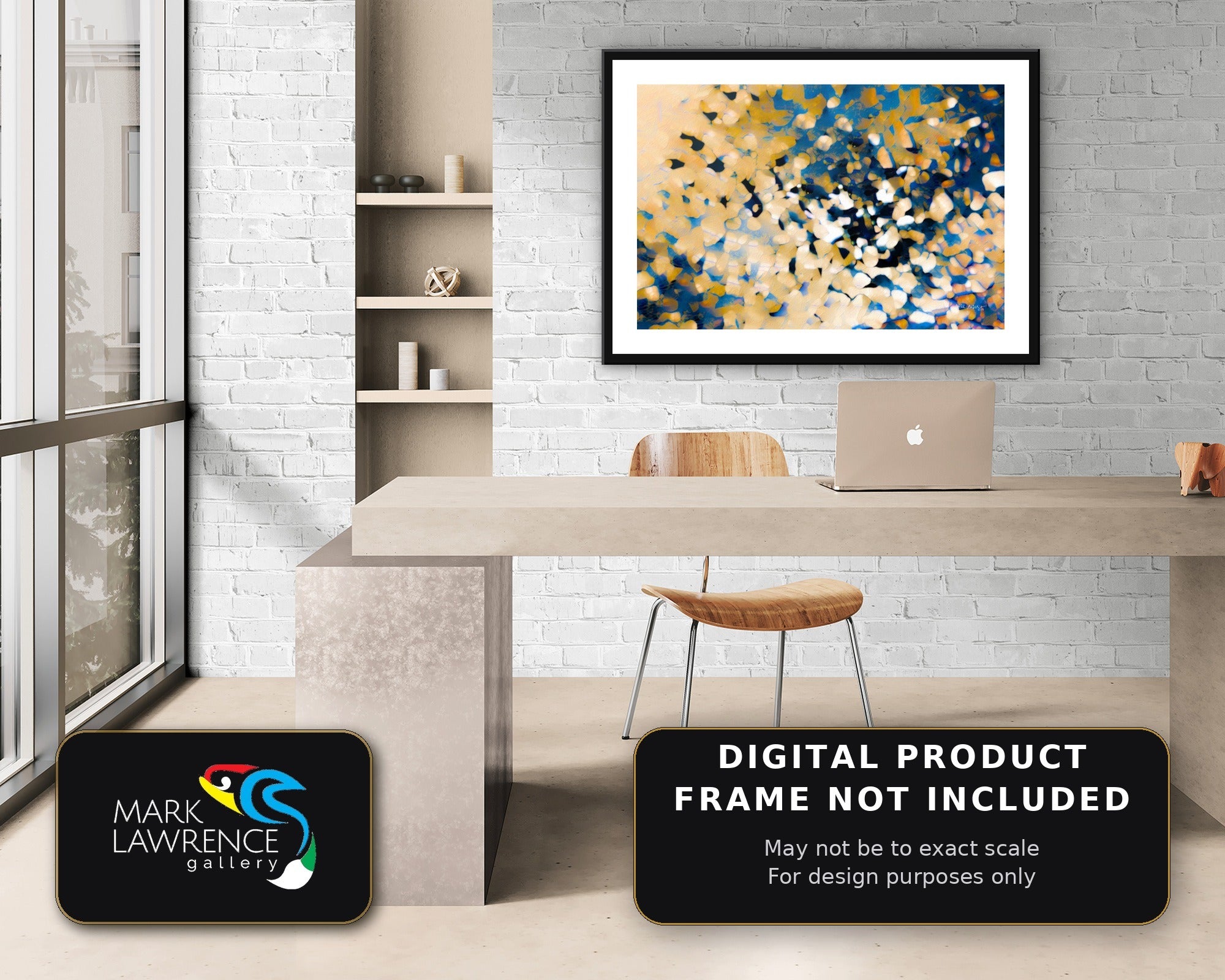 Isaiah 40:31 Christian wall art over a desk in a modern office, gold and blue abstract painting by Mark Lawrence