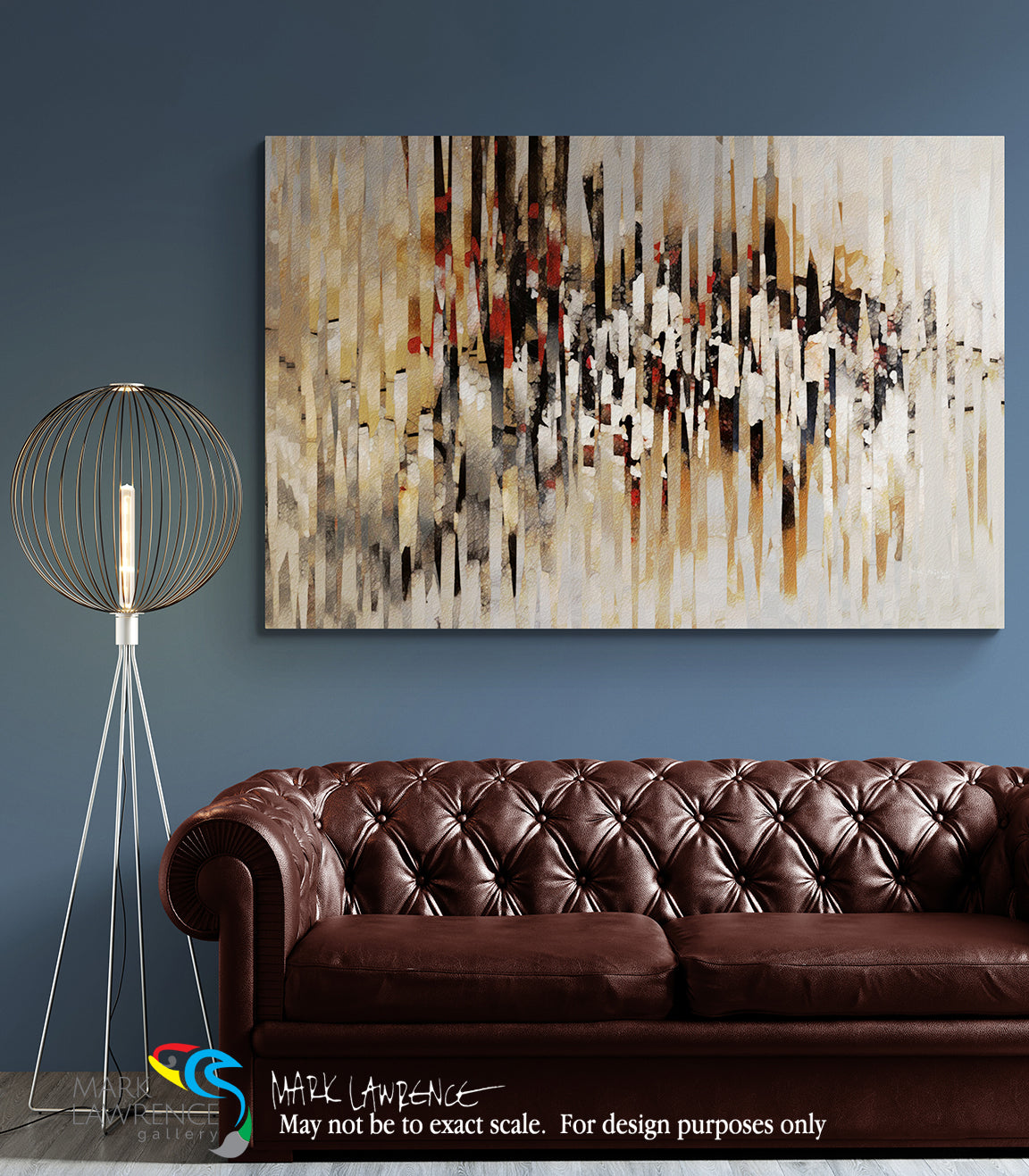 Abstract painting on a wall above a brown leather sofa with a floor lamp.