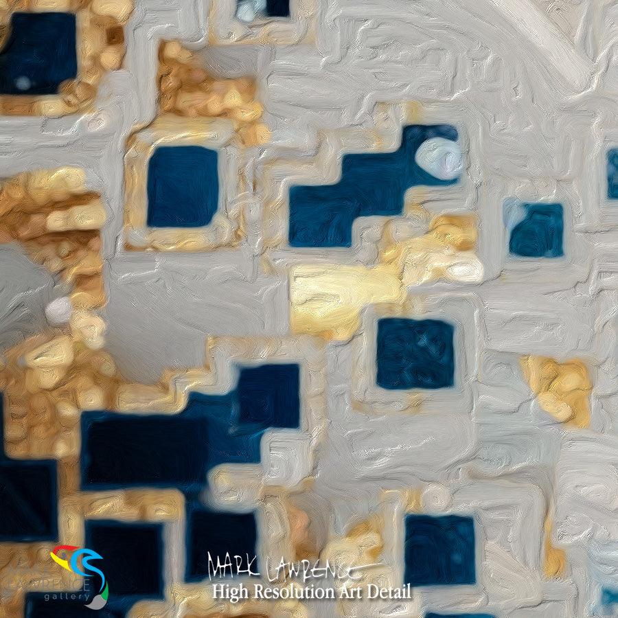 Painting Detail- Abstract art with geometric shapes in blue, gold, and gray.