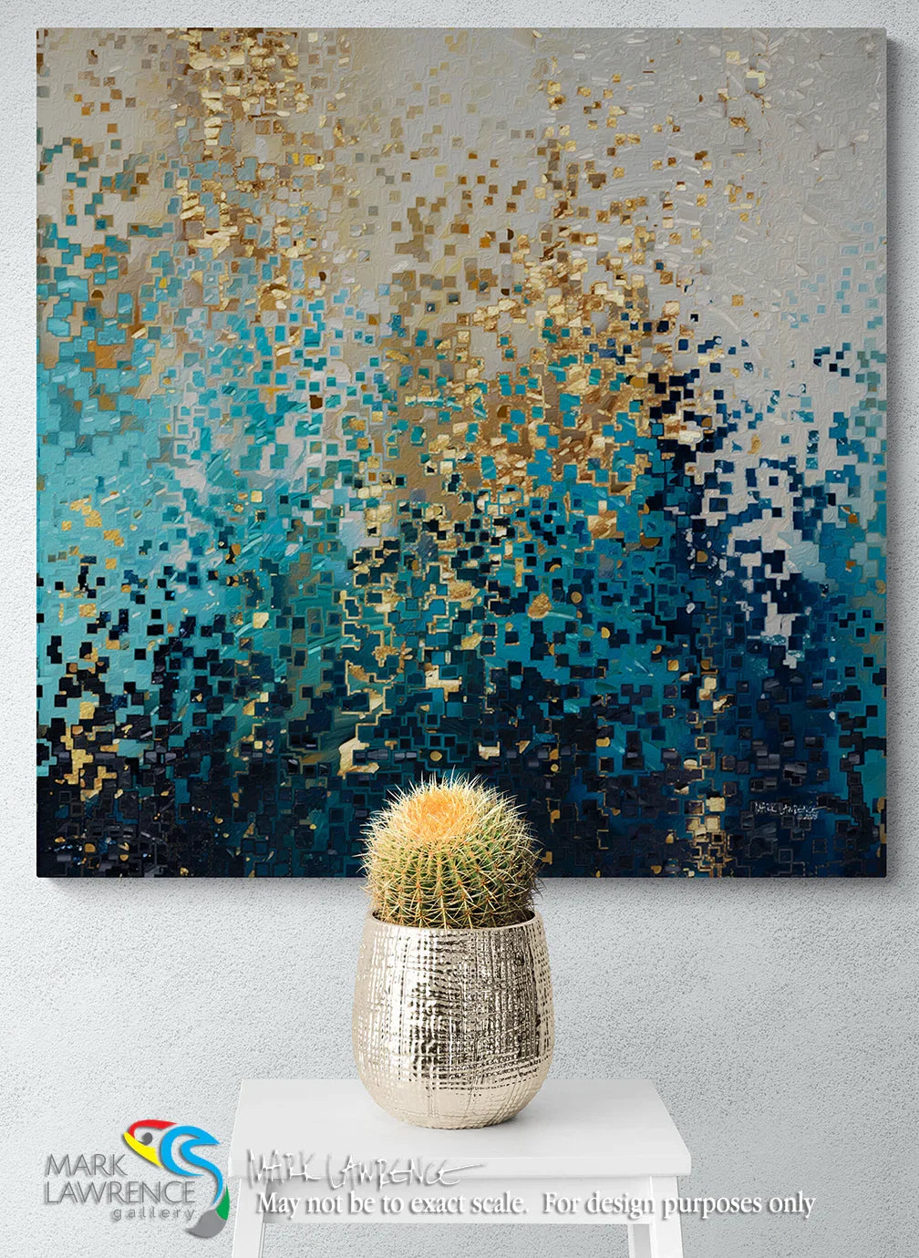 Abstract art piece with gold and blue patterns on a white wall, featuring a cactus in a pot below.