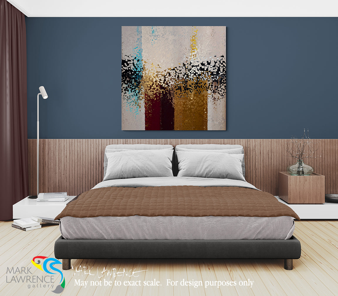 Modern bedroom with a bed, abstract painting, and decor items.