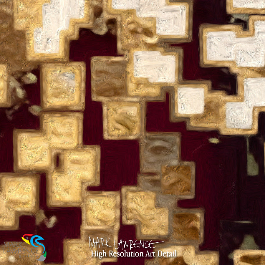 Abstract art with geometric shapes in gold and white on a dark background