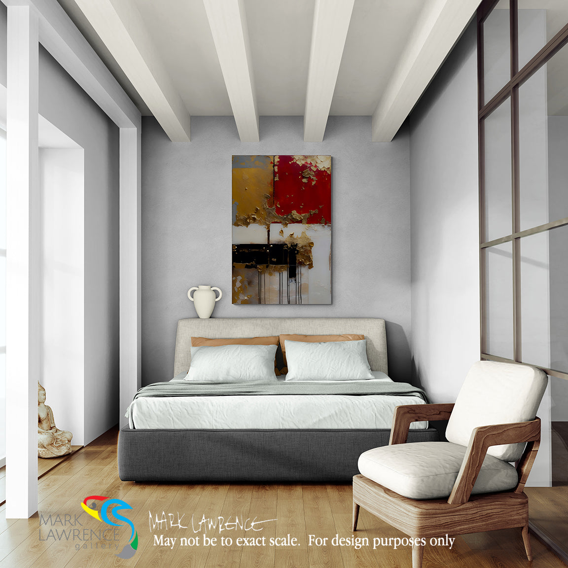 Modern bedroom with gray bed, abstract painting, and wooden chair.