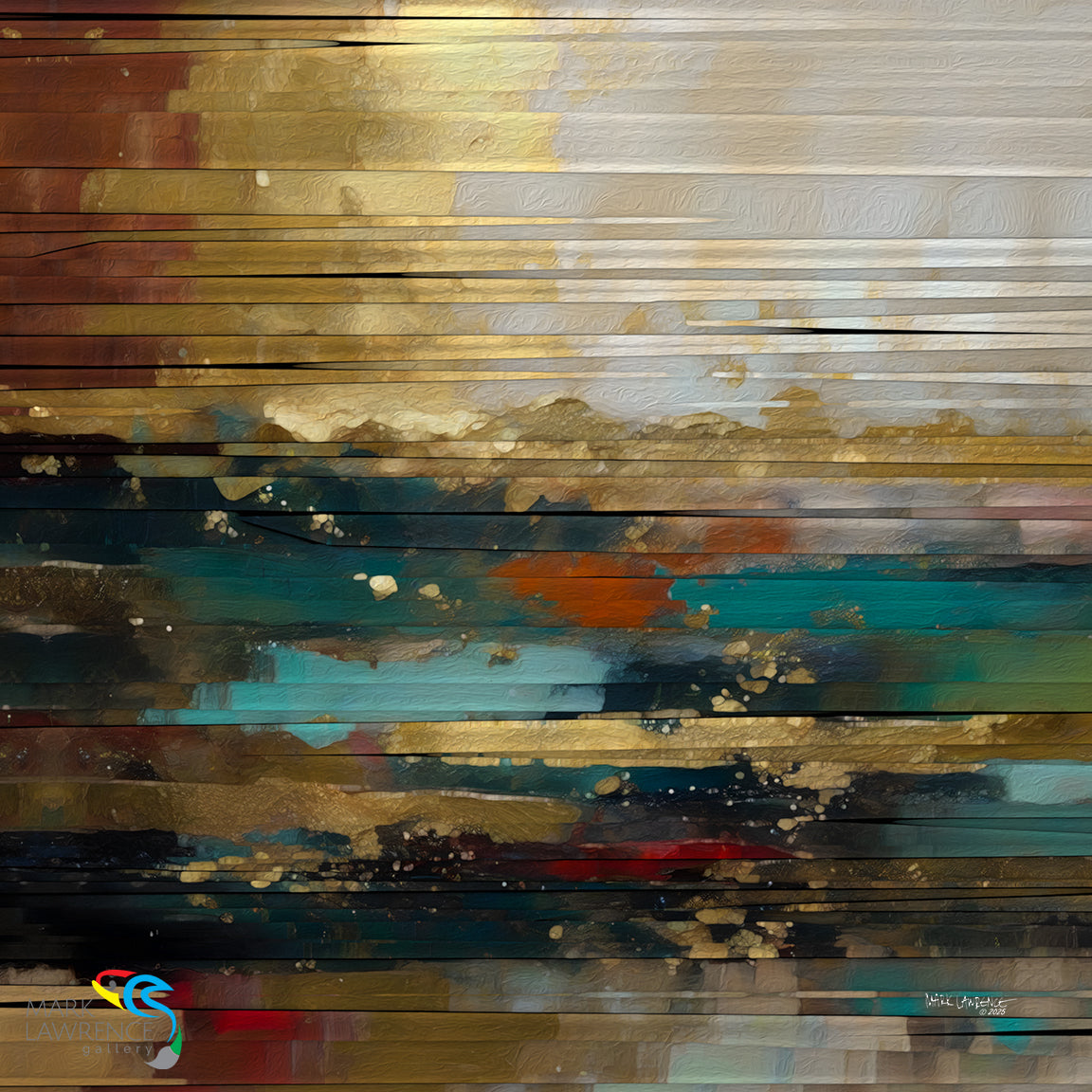 Abstract art with horizontal stripes in brown, gold, blue, and red.