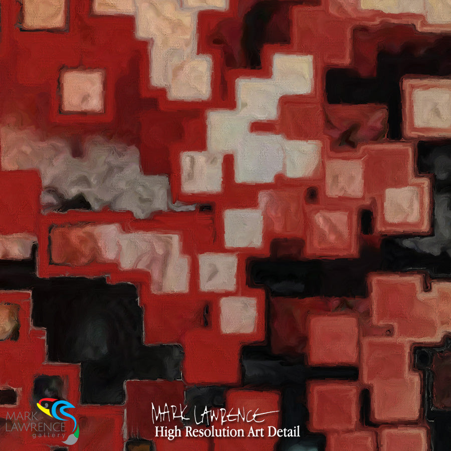 Abstract art with geometric shapes in red, black, and white.