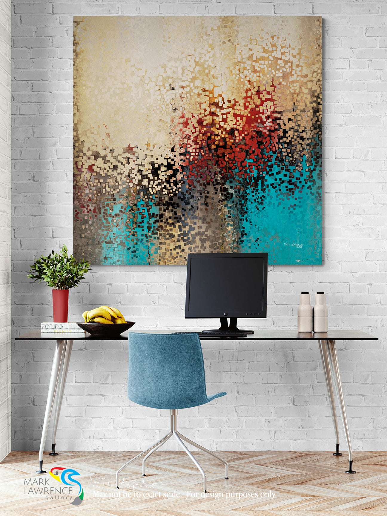 Modern office setup with a colorful abstract painting on a white brick wall.