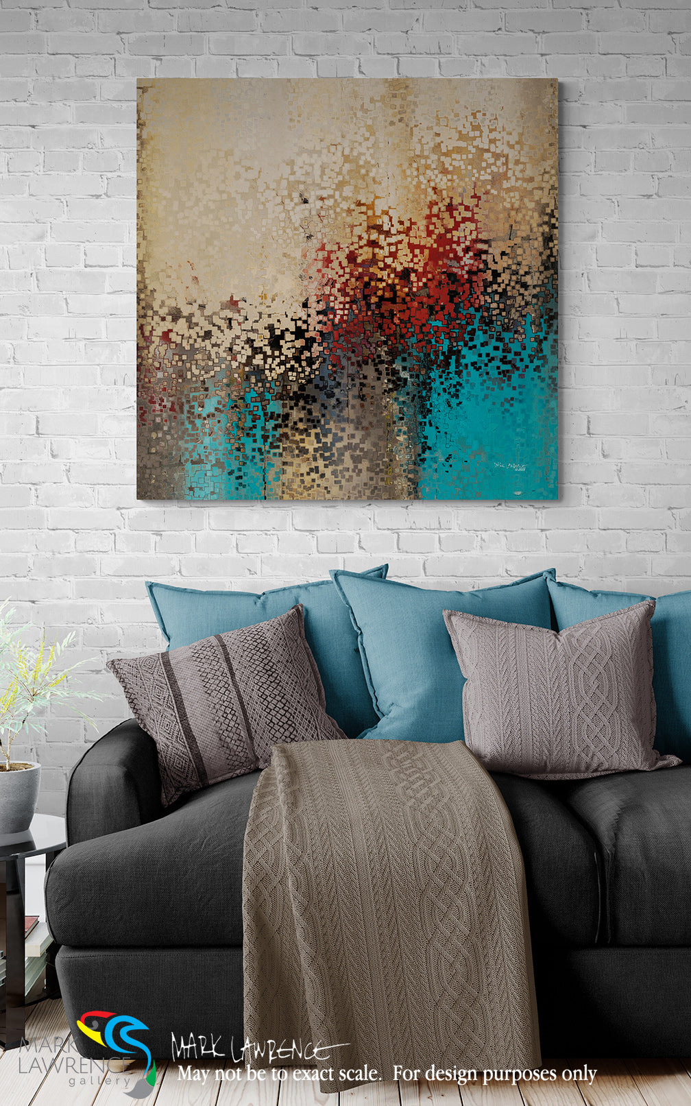 Abstract painting on a wall above a sofa with decorative pillows.