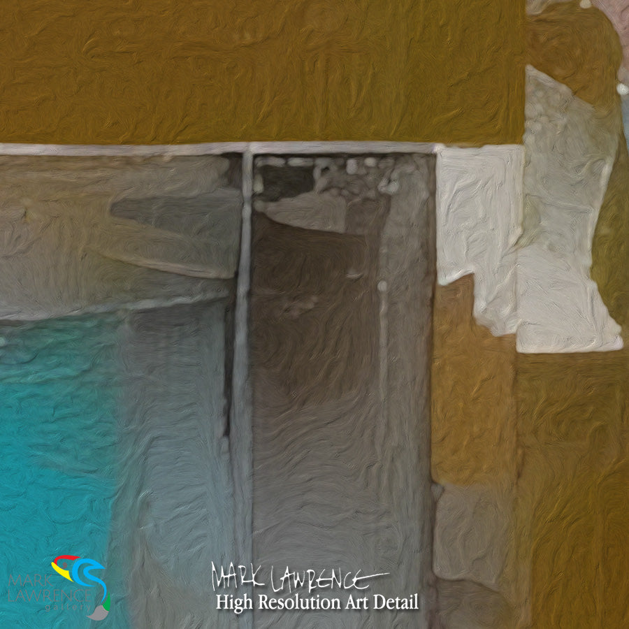Abstract art with textured colors and a signature at the bottom right corner.