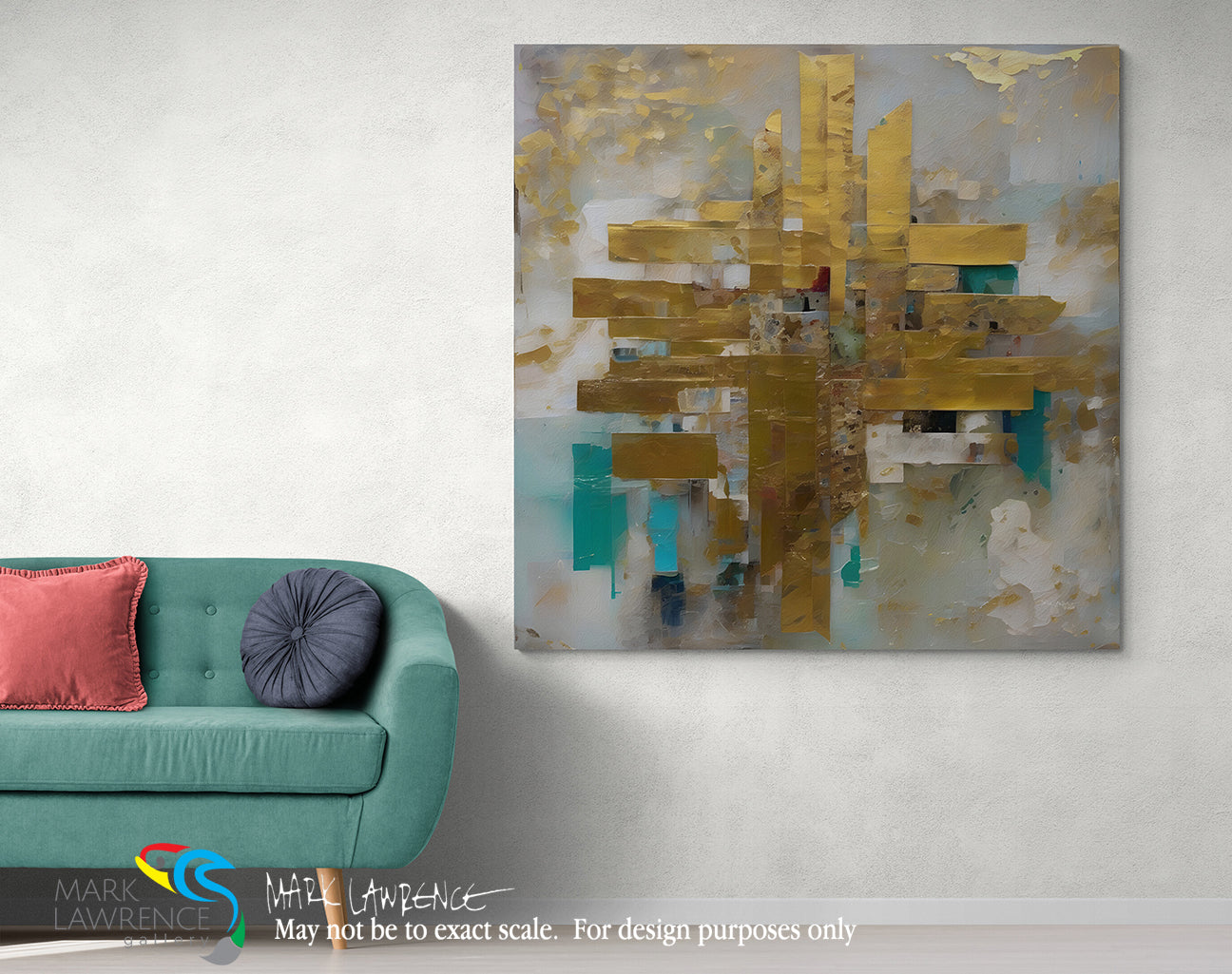 Abstract painting on a wall above a teal sofa with colorful cushions.