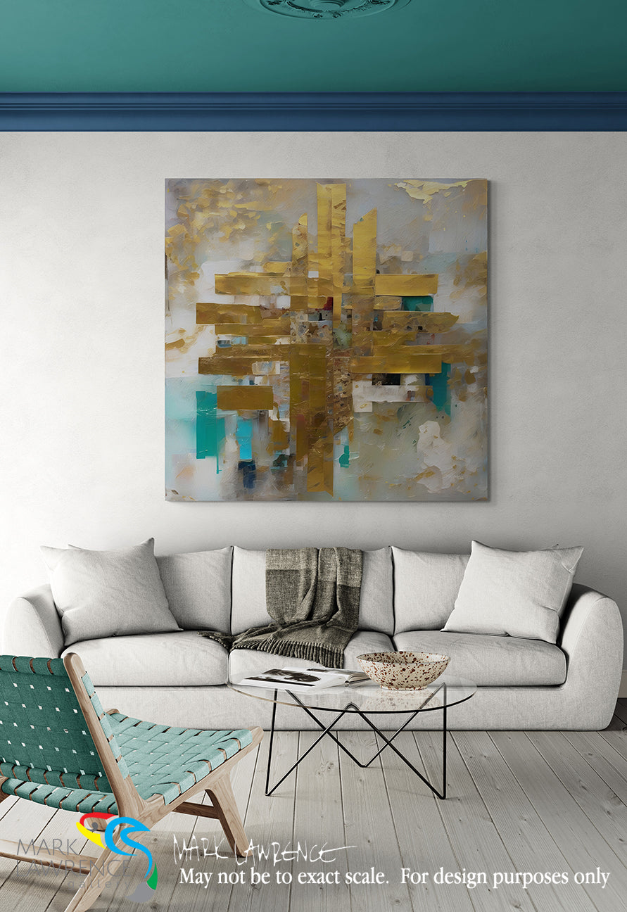 Modern living room with a gray sofa, abstract painting, and decorative items.