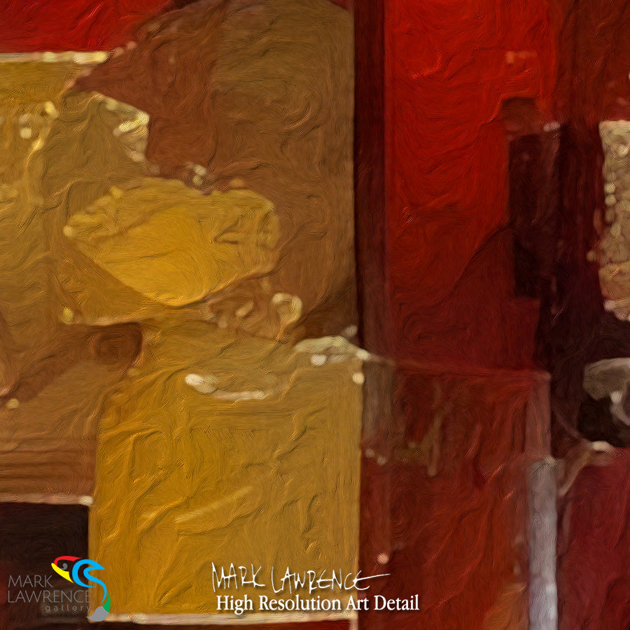 Close-up of a textured painting with red and yellow colors, featuring the artist's signature.