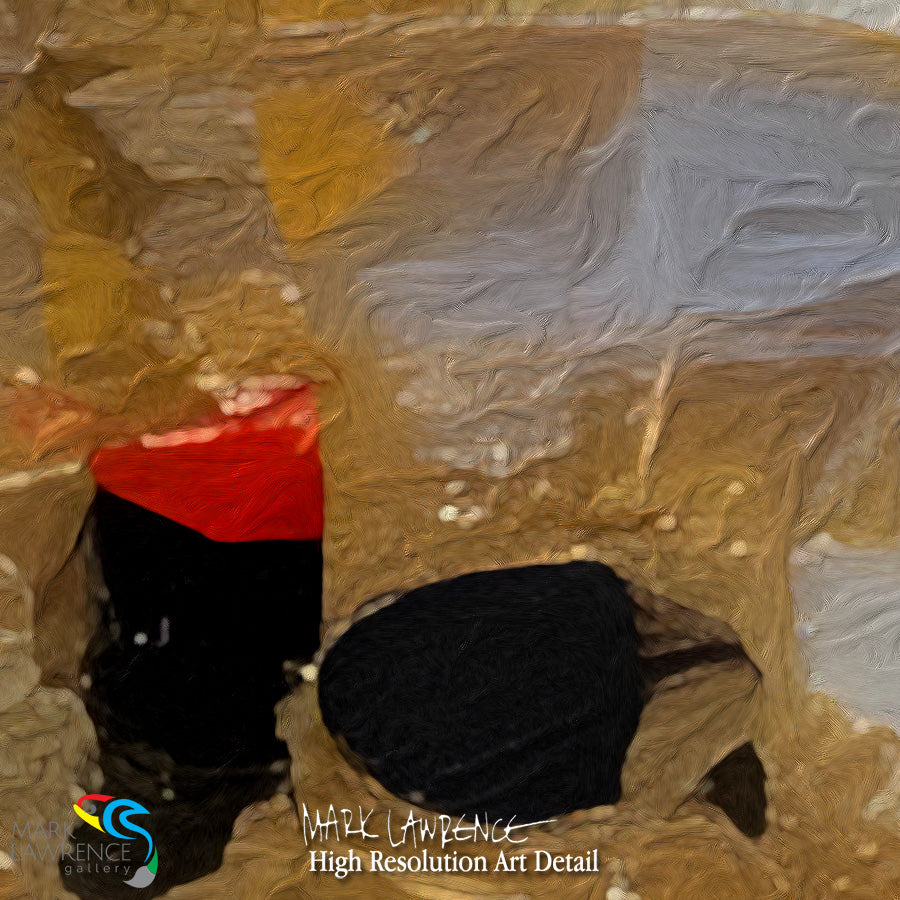 Abstract art with textured brushstrokes in brown, red, and black.