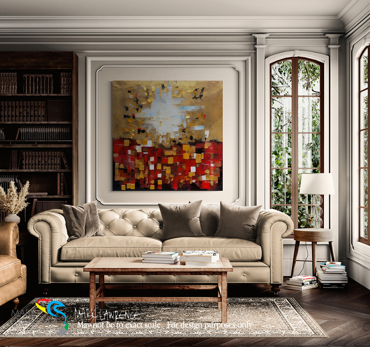 Living room with a beige sofa, coffee table, and abstract painting on the wall.