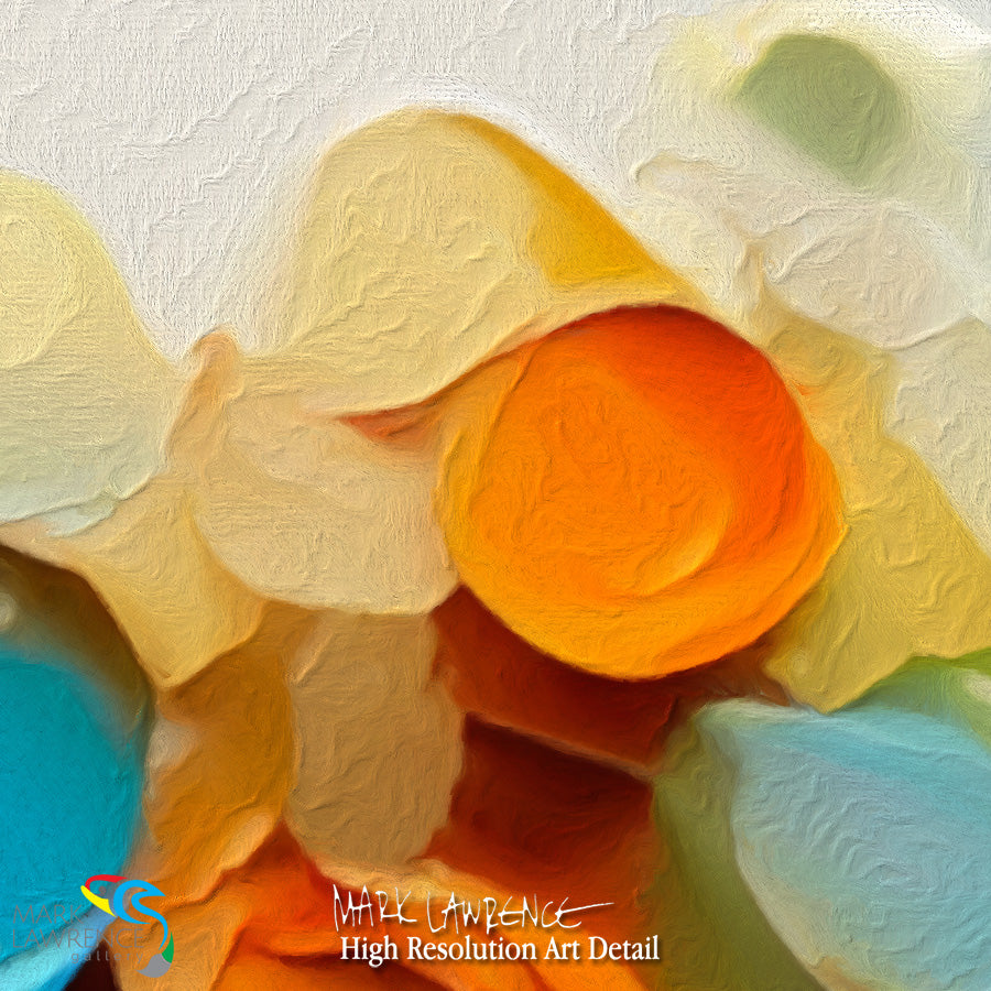 Abstract art with orange, yellow, and blue colors on a textured white background