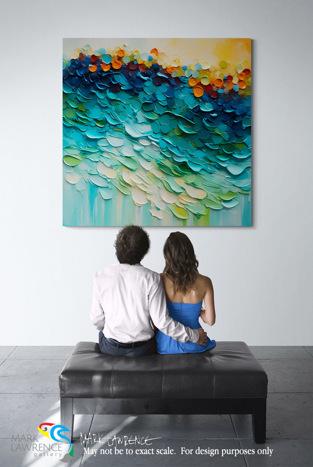Couple sitting on a bench in front of a colorful abstract painting