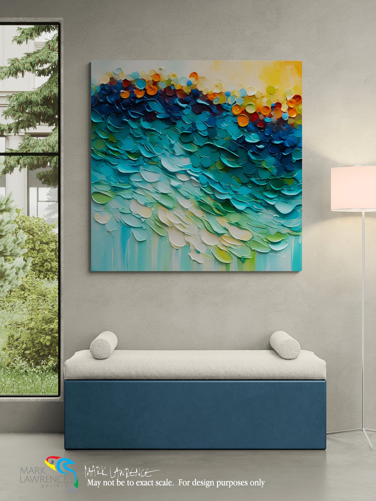 Abstract colorful painting on a wall above a bench with a lamp and window in the background.