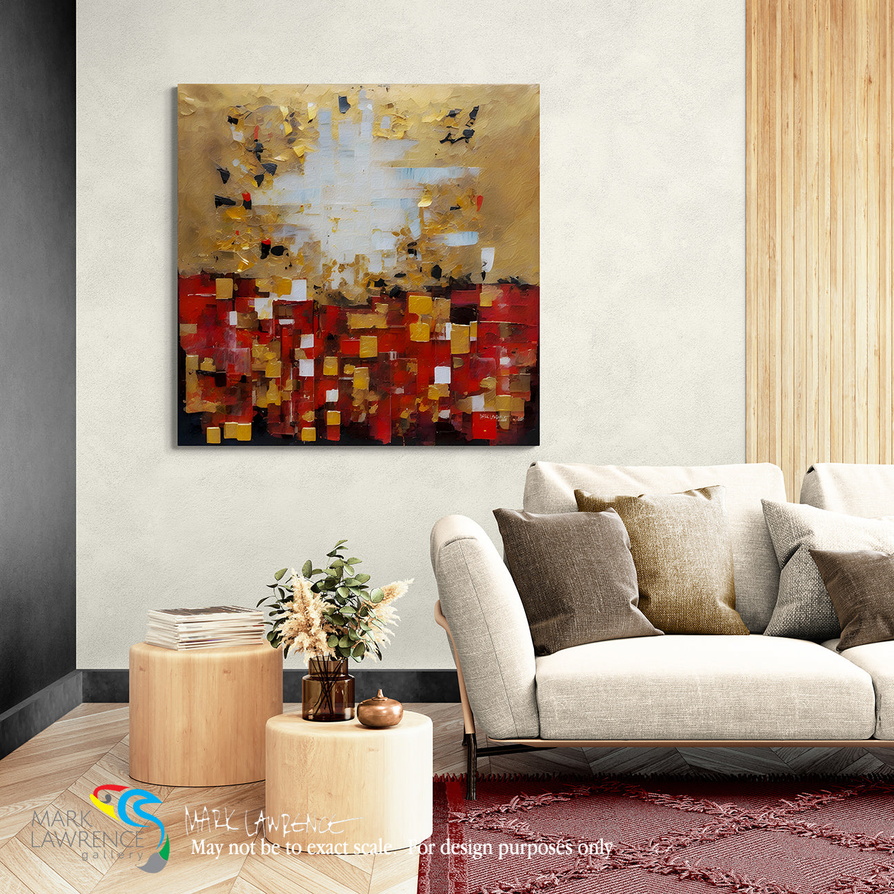 Living room with a modern sofa, side tables, and a colorful abstract painting on the wall.