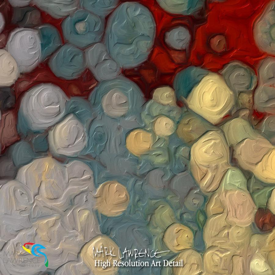 Painting Detail- Joel 2:23. Joyful Restoration. Limited Edition Christian Modern Art. Ultra-hand embellished and textured with rich brush strokes by the artist. Signed & numbered brightly colored Christian abstract art. This stunning artwork is based on uplifting bible scriptures designed to empower and educate us on our role in Christ.
