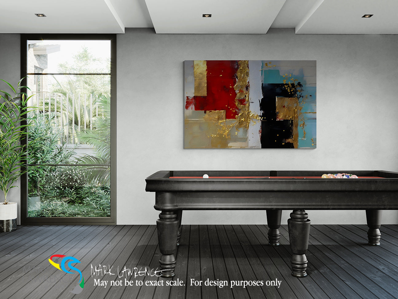 Modern room with a pool table and abstract painting on the wall.