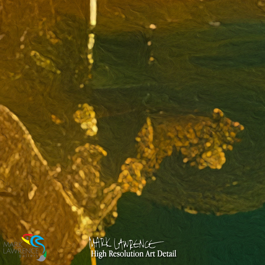Close-up of a textured surface with gold and green colors, featuring the artist's signature.