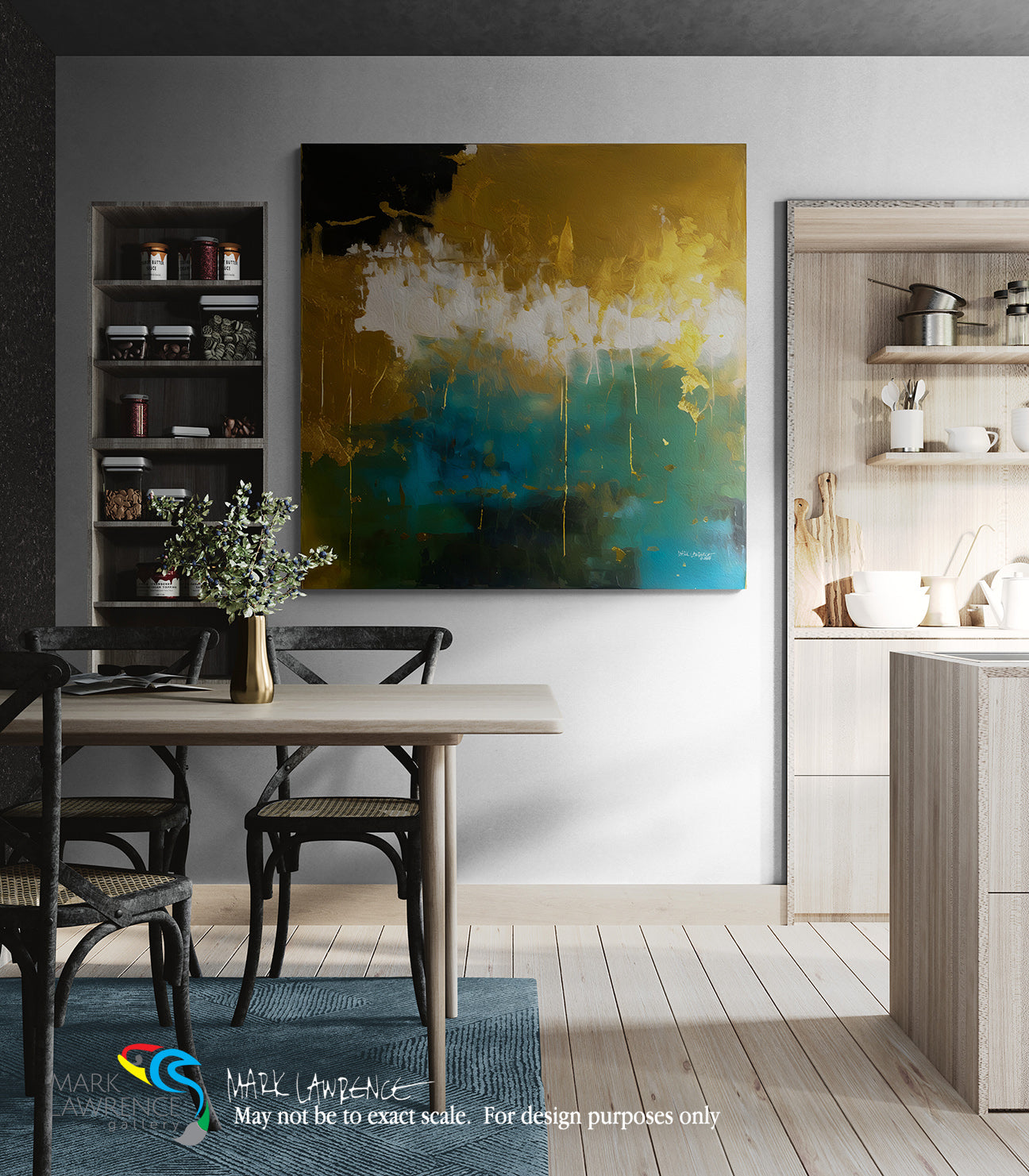Modern interior with a dining table, chairs, and abstract painting on the wall.