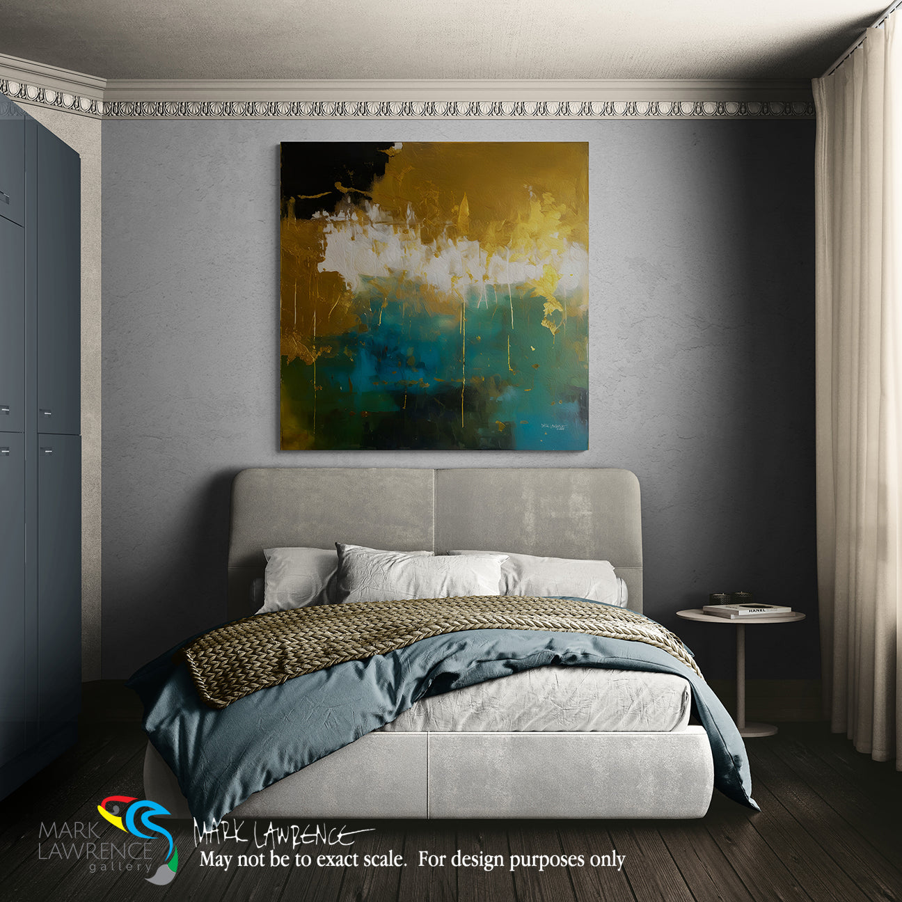 Modern bedroom with abstract art on the wall and a bed with blue and gold bedding.