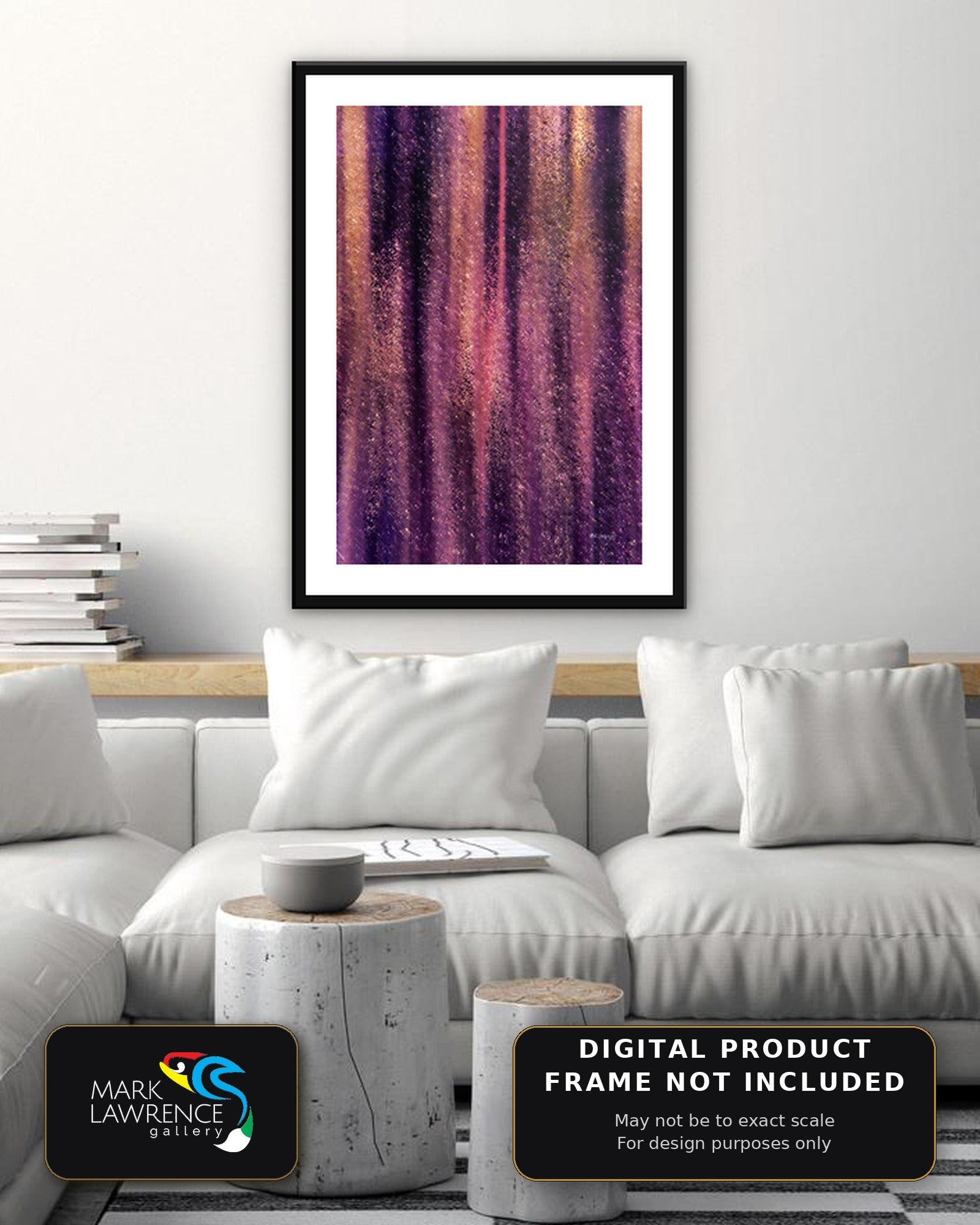John 3:16 scripture wall art above a sofa, abstract painting in red, purple, gold and pink by Mark Lawrence