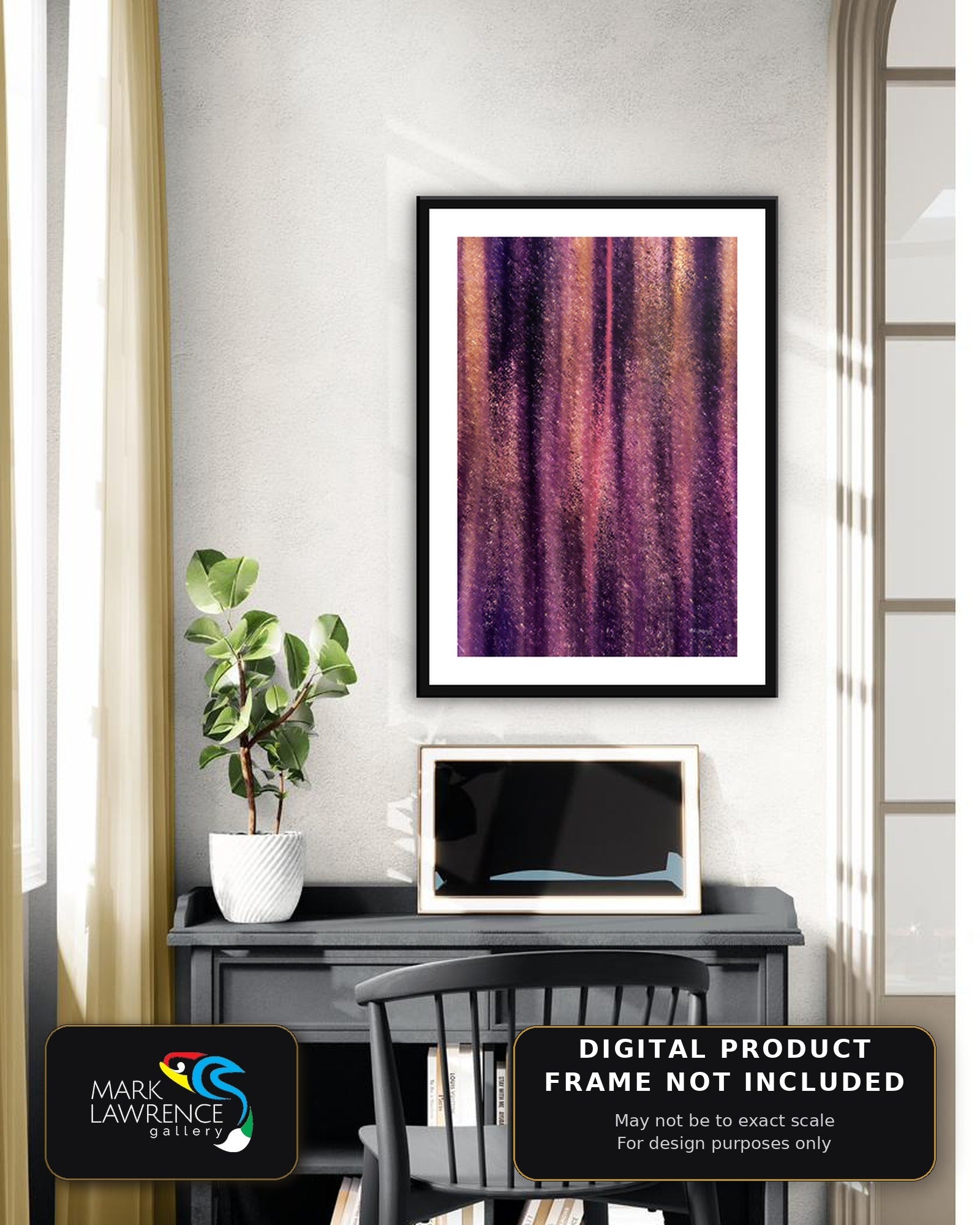 For God So Loved John 3:16 printable art on a study wall, red, purple, gold and pink abstract scripture print