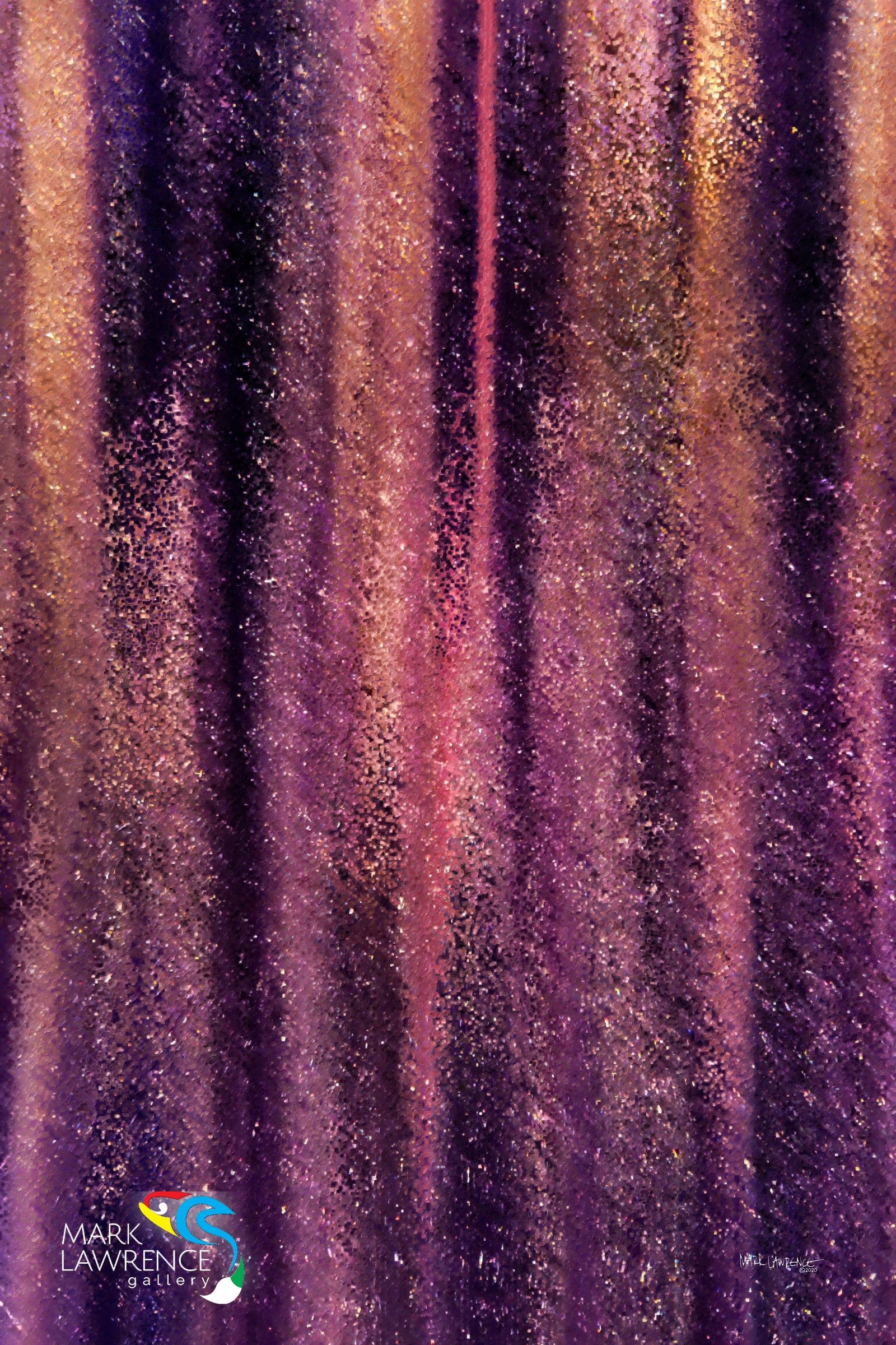 Textured purple and gold fabric with 'Mark Lawrence' branding.
