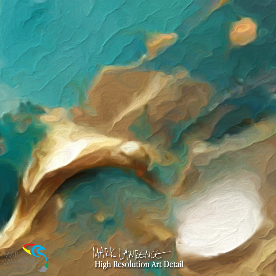Close-up of the textured brushwork and aqua, blue and gold detail in Matthew 5:11-12 "Serenity in Adversity" by Mark Lawrence
