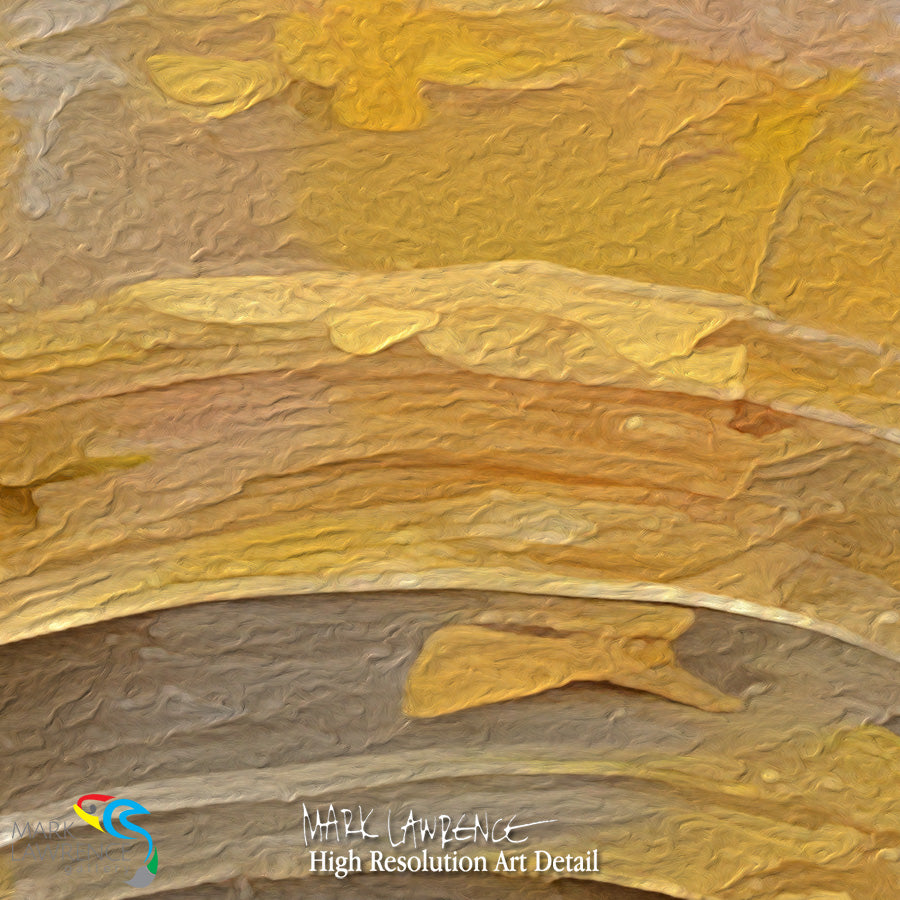Textured yellow and brown abstract art with 'Mark Lawrence' signature