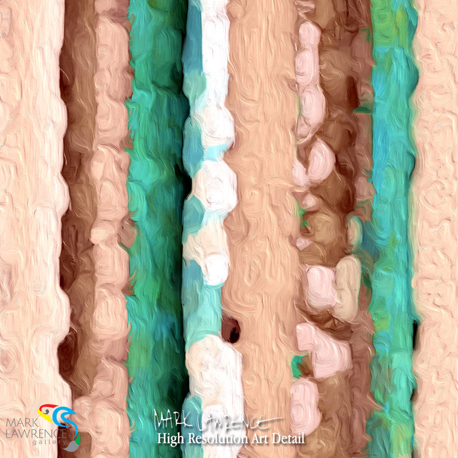 Close-up of the textured brushwork and serene blue, green and beige detail in Psalm 46:10 "Be Still" by Mark Lawrence