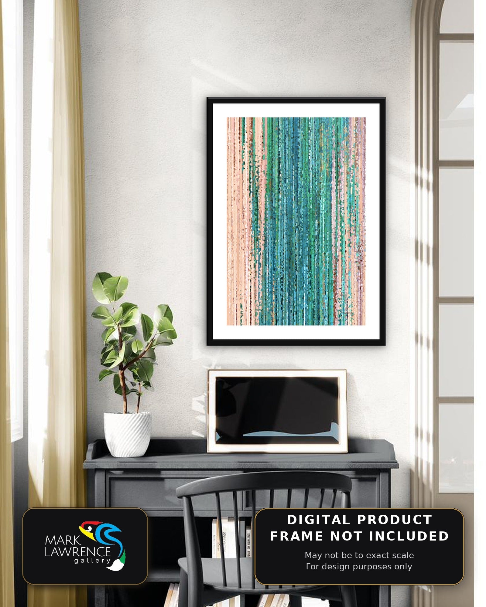 Be Still Psalm 46:10 wall art hung above a dark wood console and potted plant in a sunlit study, blue and green abstract Christian print