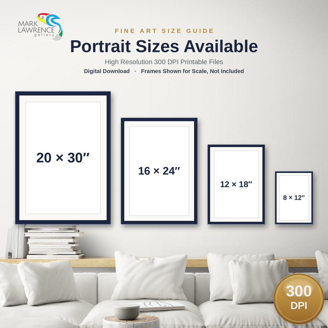 Size guide for Psalm 46:10 "Be Still" printable wall art, showing four portrait sizes 8x12, 12x18, 16x24 and 20x30 inches framed for scale