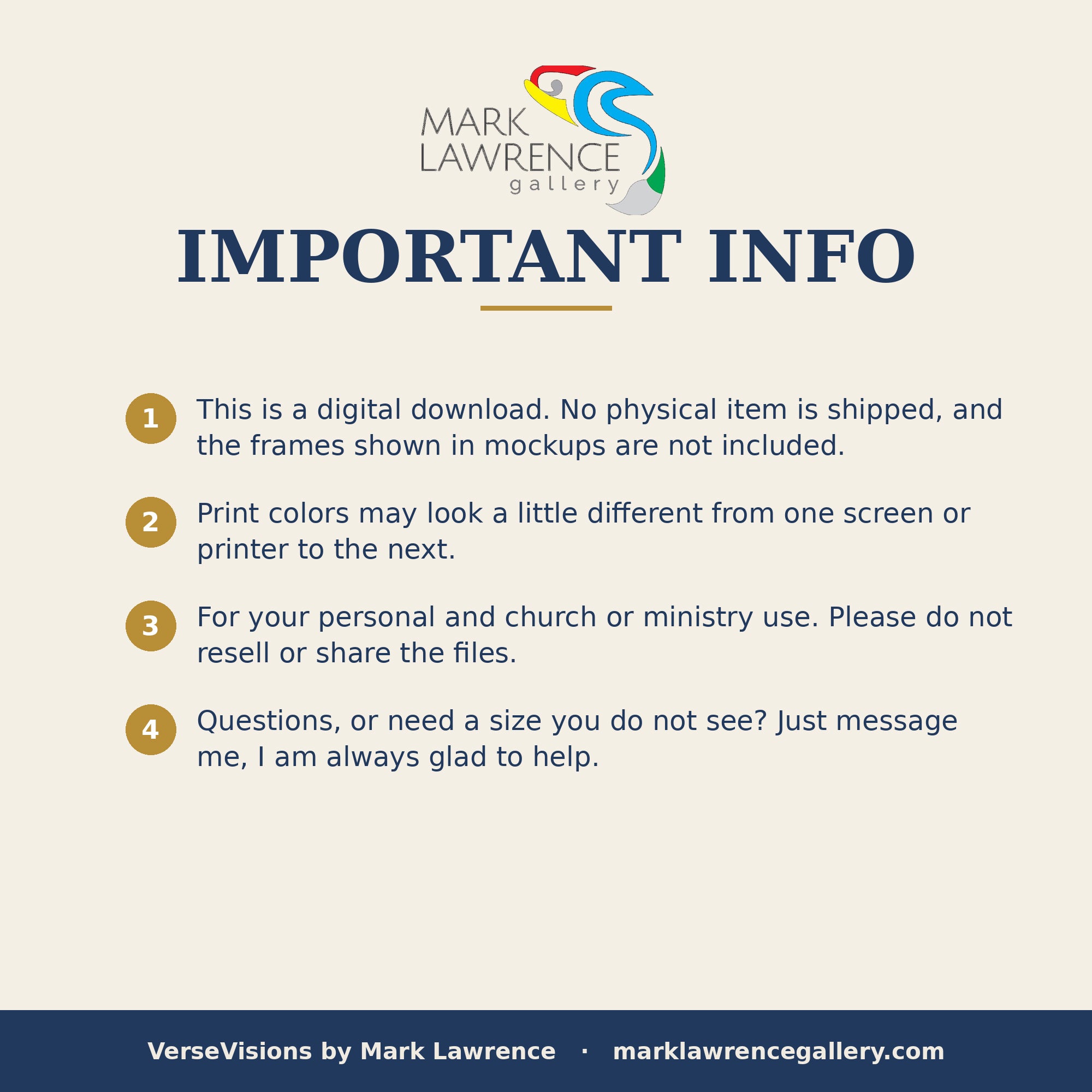 Important information text for Mark Lawrence Gallery digital download with logo.