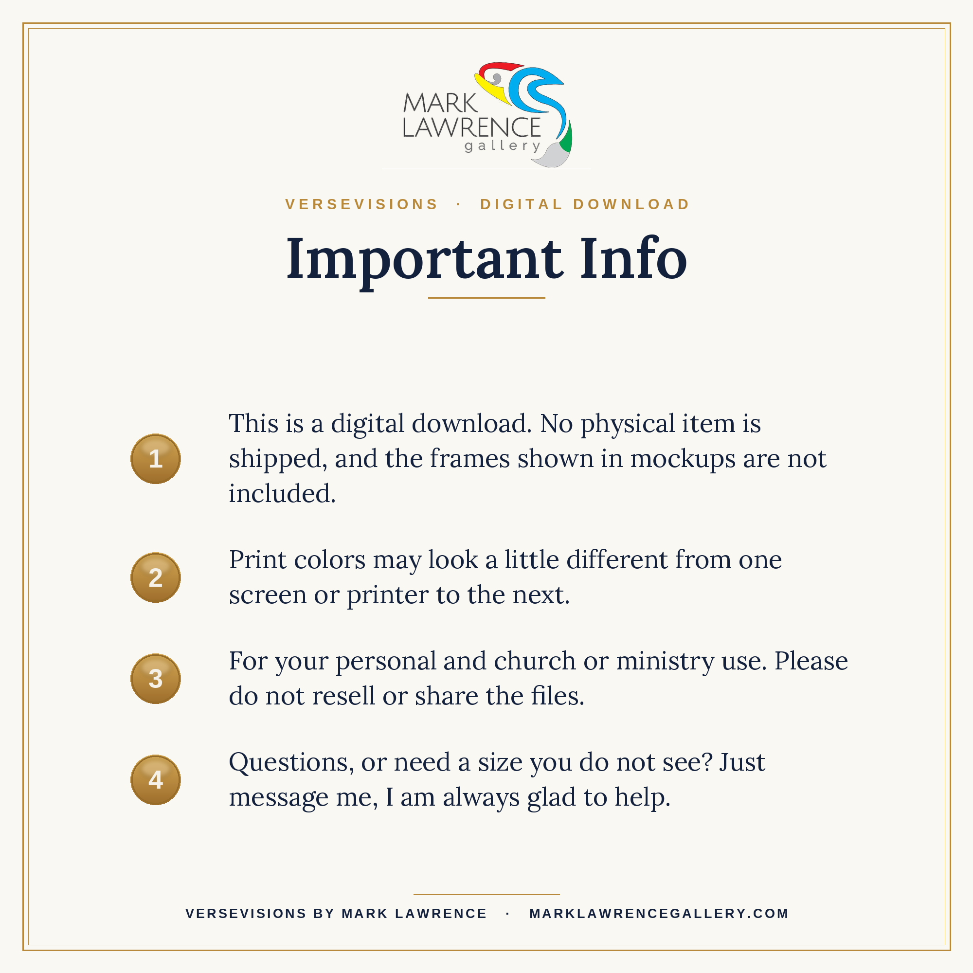 Important information card for digital download from Mark Lawrence Gallery with contact details.