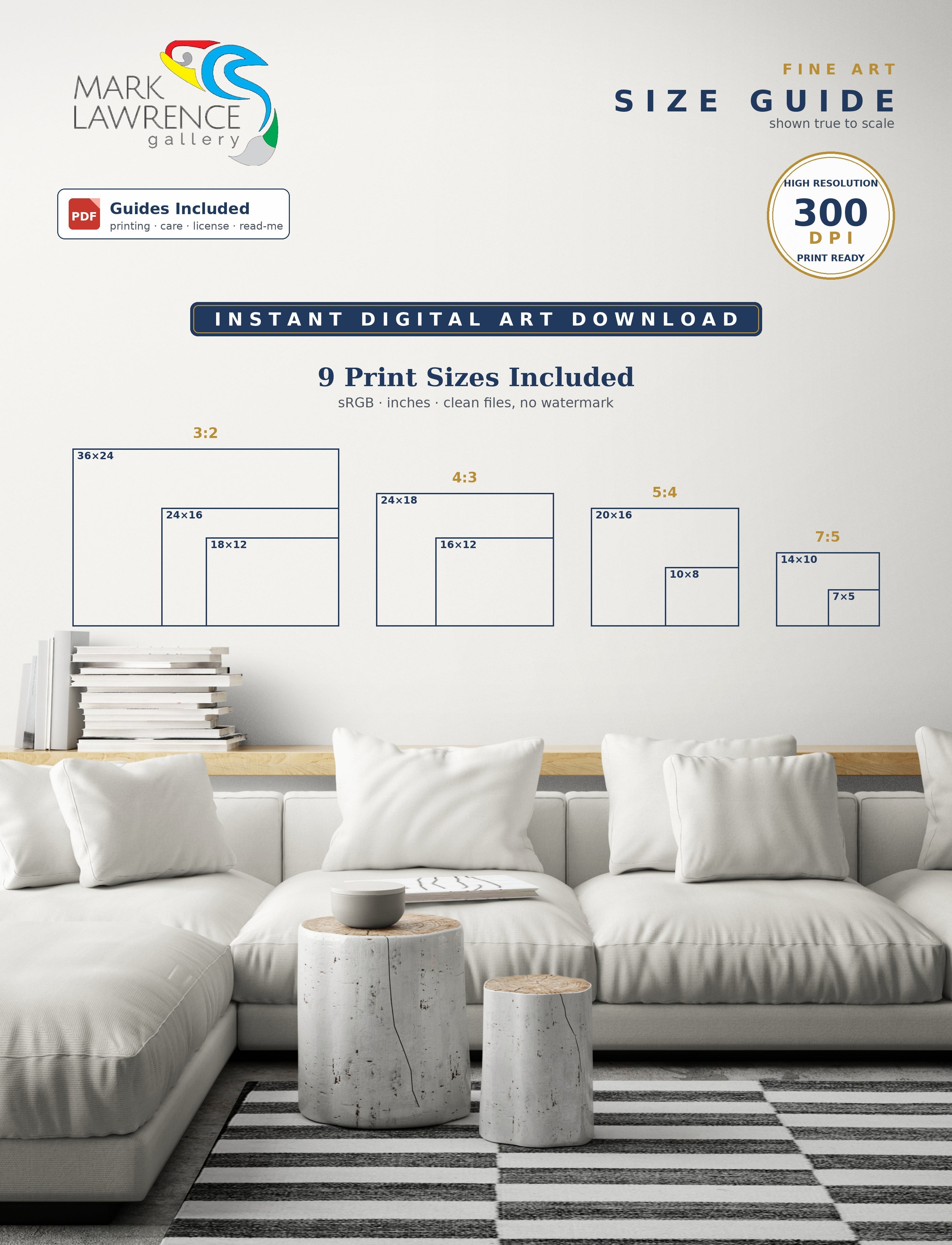 Size guide for Hebrews 11:1 Things Not Seen printable wall art, landscape sizes framed for scale