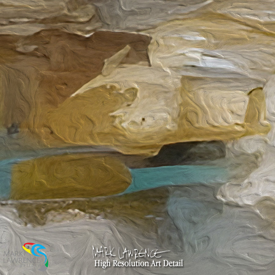 Close-up of textured painting with swirling brushstrokes in brown, beige, and blue.