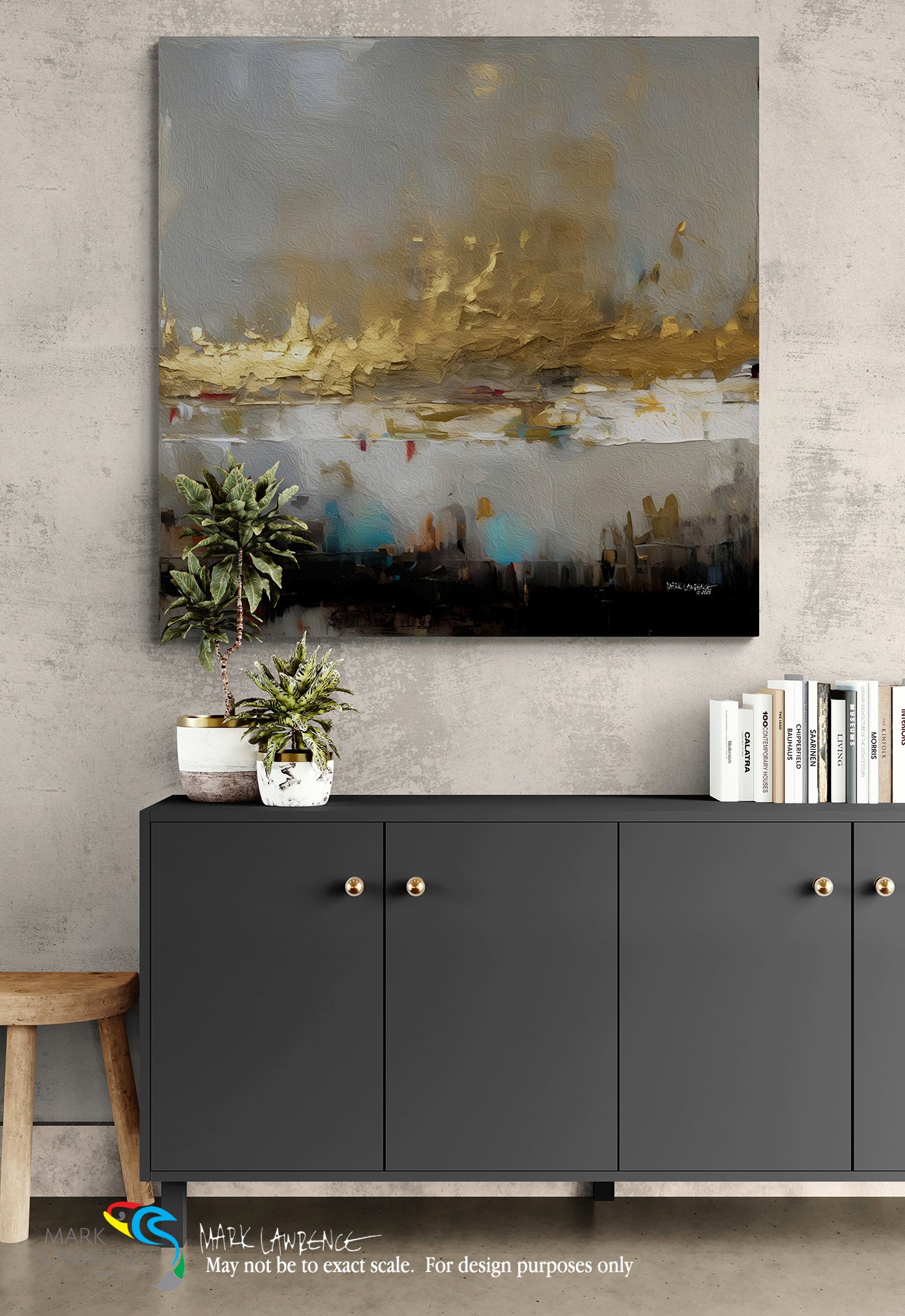 Abstract painting on a wall above a dark gray cabinet with decorative items.