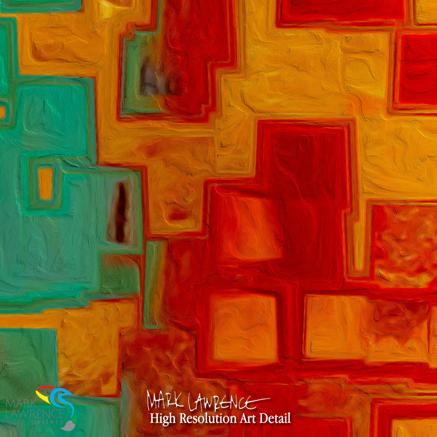 Abstract art with geometric shapes in red, green, and orange on a textured background.
